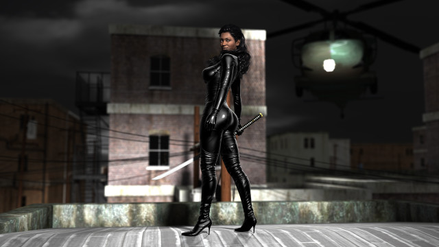 Woman black catsuit building night free wallpaper for desktop - medium preview image