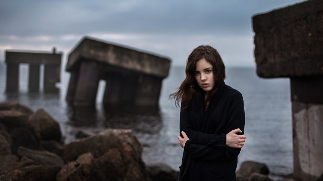 Woman water pier cloudy sky free wallpaper for desktop - medium preview image