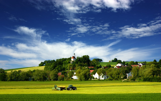 Farm tractor car church landscape free wallpaper for desktop - medium preview image