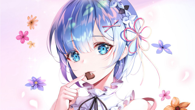 Blue hair girl flower pink free wallpaper for desktop - medium preview image