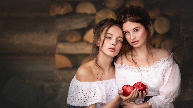Two women white dresses apples #2 free wallpaper for desktop - medium preview image