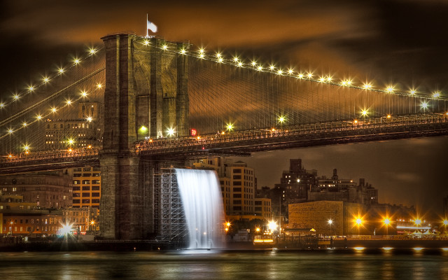 Bridge waterfall night lights city free wallpaper for desktop - medium preview image