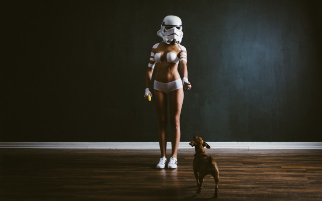 Woman dog bathing suit dark free wallpaper for desktop - medium preview image