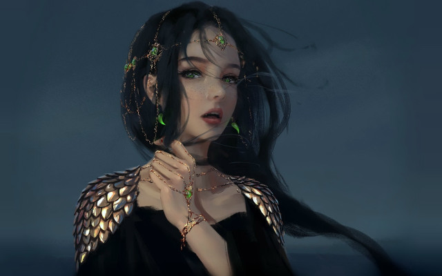 Woman greeneyes blackdress goldbeads fantasy free wallpaper for desktop - medium preview image