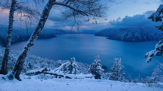 Lake snowy trees mountains dusk free wallpaper for desktop - medium preview image