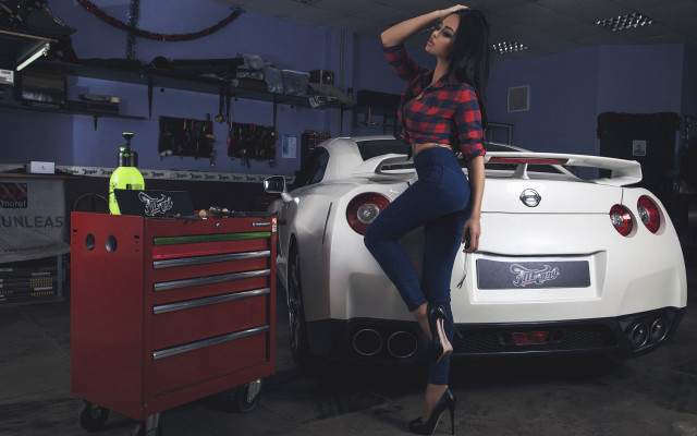 Woman car garage tools fashion free wallpaper for desktop - medium preview image