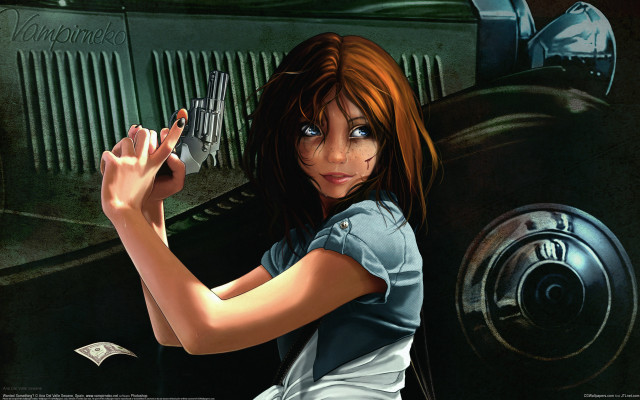 Girl gun car door realistic free wallpaper for desktop - medium preview image