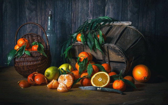Oranges knife basket wine stilllife free wallpaper for desktop - medium preview image
