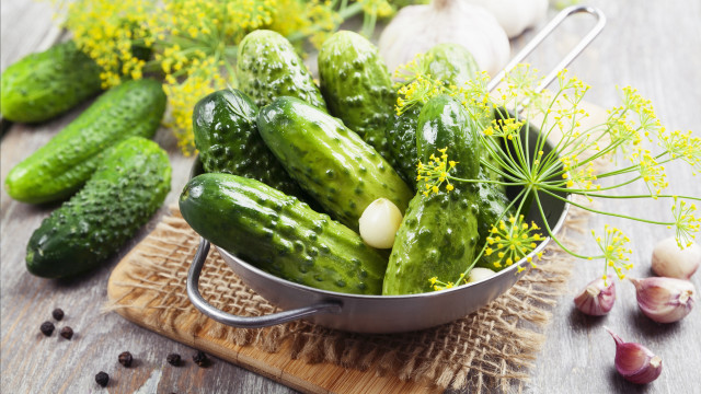 Cucumbers garlic wooden board food free wallpaper for desktop - medium preview image