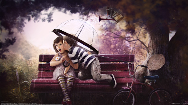 Woman umbrella bike tree rain free wallpaper for desktop - medium preview image