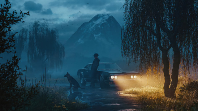 Man rainy road dog mountain free wallpaper for desktop - medium preview image