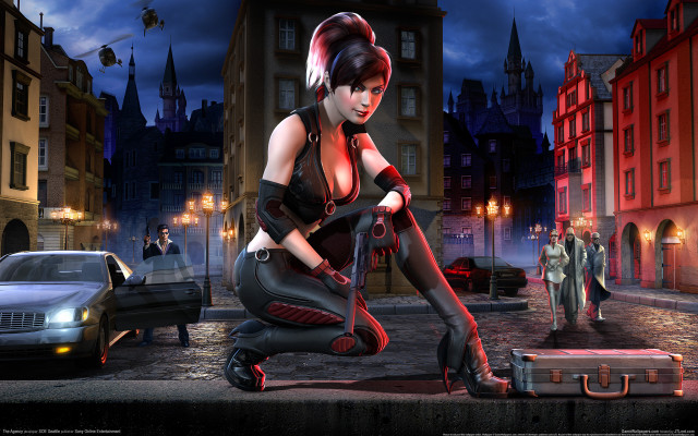 Woman red black outfit kneeling #2 free wallpaper for desktop - medium preview image