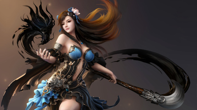 Fantasy woman axe sword dragon free wallpaper for desktop - medium preview image
