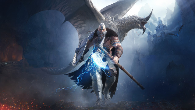 Man sword dragon cave glowing free wallpaper for desktop - medium preview image