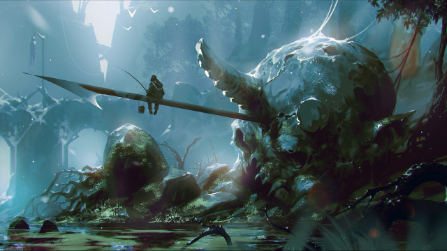 Fantasy dinosaur rider forest sword free wallpaper for desktop - medium preview image