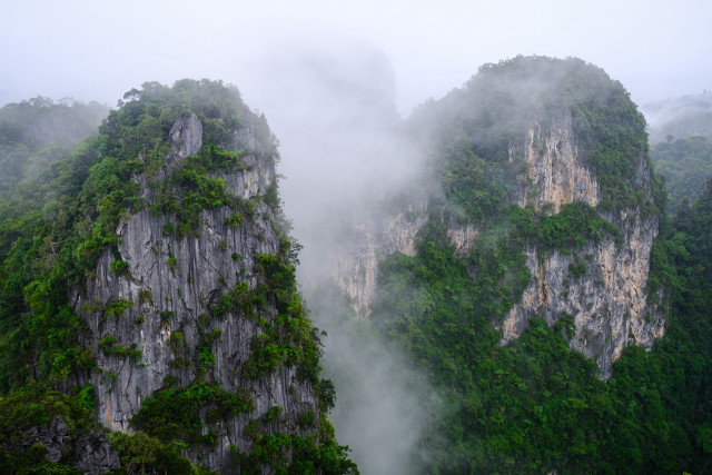 Mountain foggy sky trees volumetric free wallpaper for desktop - medium preview image