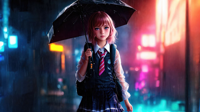 Pink hair umbrella rain city free wallpaper for desktop - medium preview image