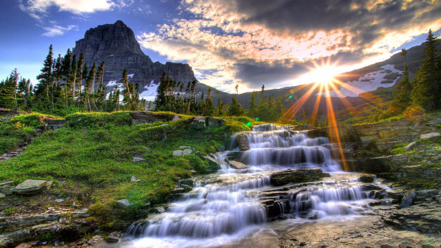 Waterfall mountain sun clouds forest #6 free wallpaper for desktop - medium preview image