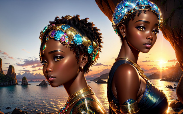 Egyptian costumes sunset ocean rocky free wallpaper for desktop - medium preview image