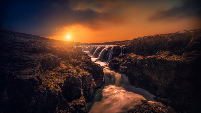Waterfall sunset river mountain city free wallpaper for desktop - medium preview image