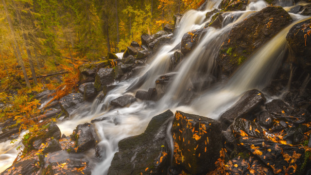 Waterfall forest autumn leaves fire free wallpaper for desktop - medium preview image