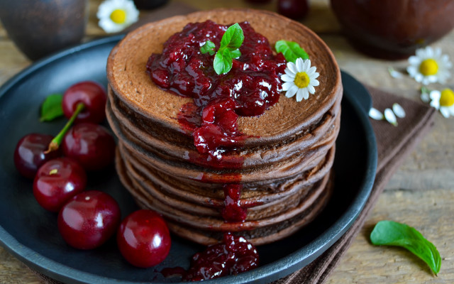 Pancakes cherry jam flowers leaves free wallpaper for desktop - medium preview image