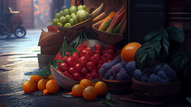 Fruit stand oranges apples baskets free wallpaper for desktop - medium preview image