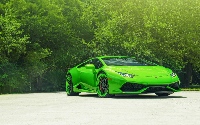 Green sports car forest parking free wallpaper for desktop - medium preview image