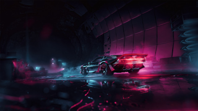 Car neon lit retrofuturism synthwave free wallpaper for desktop - medium preview image