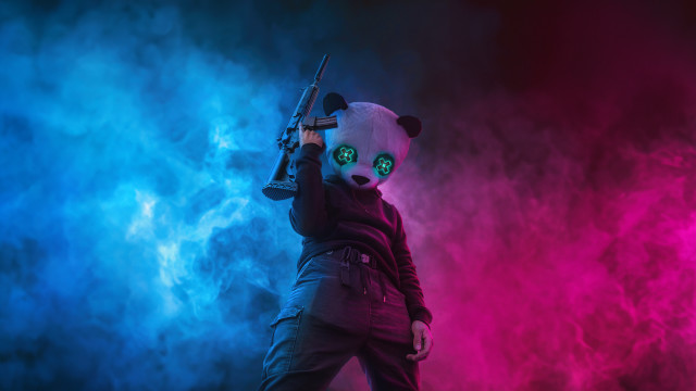 Panda suit gun cyberpunk synthwave free wallpaper for desktop - medium preview image