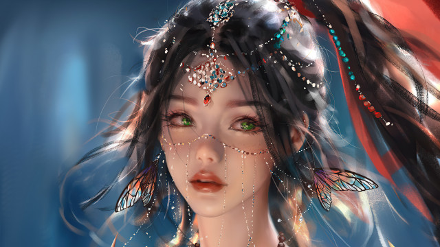 Woman green eyes butterfly headdress free wallpaper for desktop - medium preview image