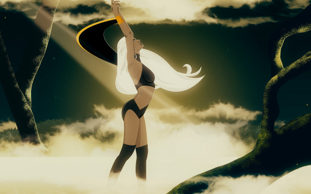 Woman blackwhite bodysuit frisbee clouds free wallpaper for desktop - medium preview image