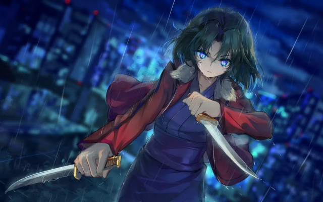 Woman knife rain city night free wallpaper for desktop - medium preview image