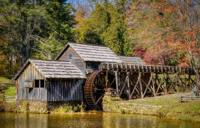 Water mill autumn bridge architecture free wallpaper for desktop - medium preview image