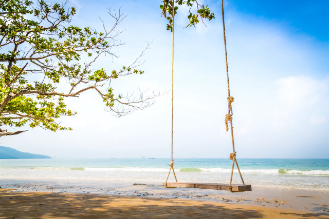 Beach swing ocean view minimalist free wallpaper for desktop - medium preview image