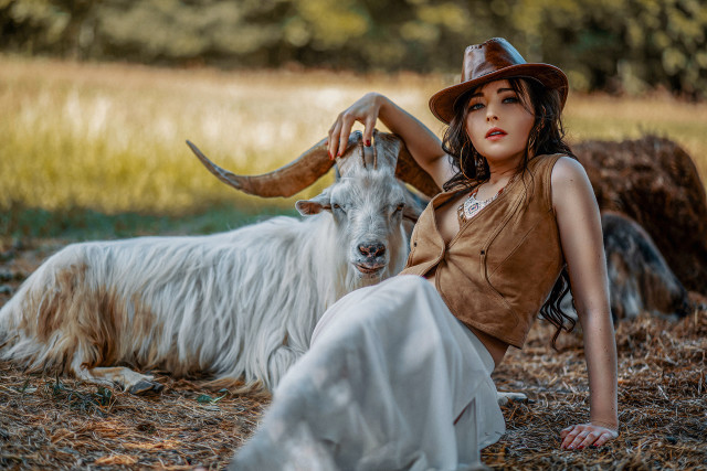Woman hat goat field fashion free wallpaper for desktop - medium preview image