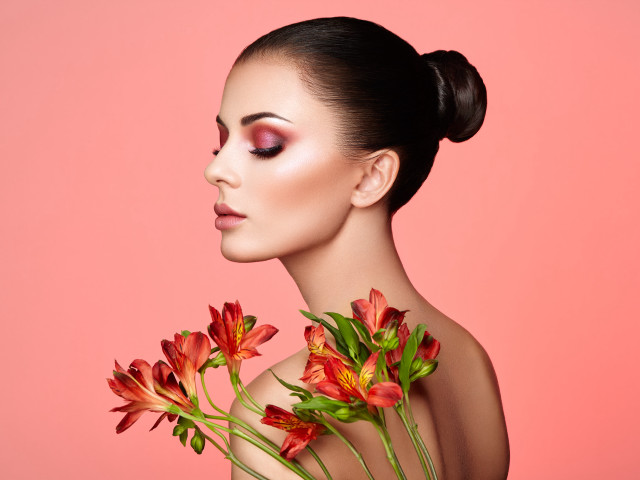 Woman flowers hair pink background free wallpaper for desktop - medium preview image