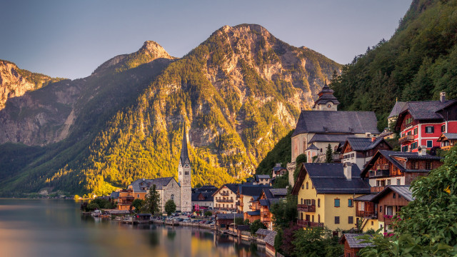 Scenic town mountains water bridge free wallpaper for desktop - medium preview image