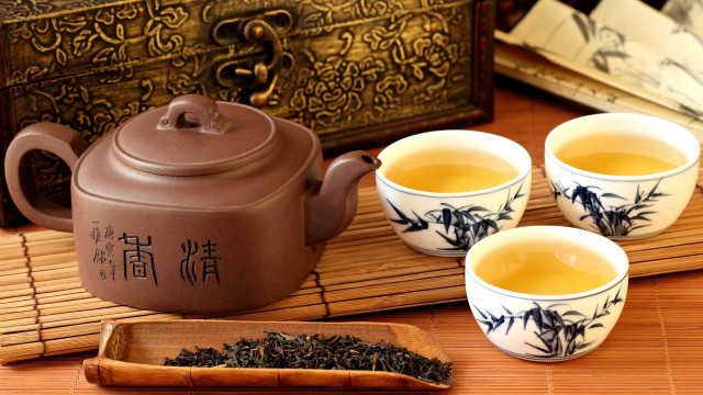 Tea set four cups bamboo free wallpaper for desktop - medium preview image