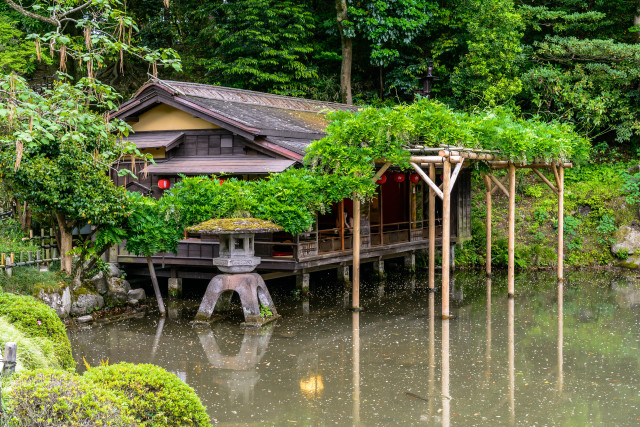 House pond trees bushes lanterns free wallpaper for desktop - medium preview image