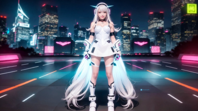 Woman white dress neon city free wallpaper for desktop - medium preview image