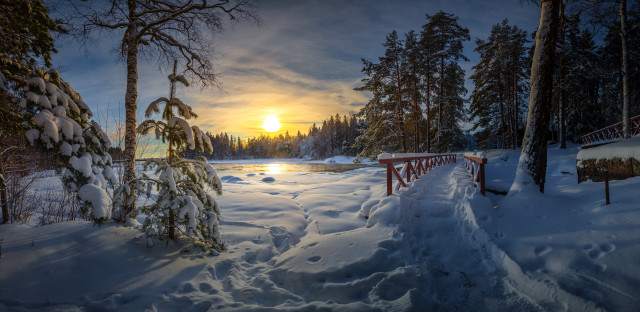 Snowy path lake sunset bridge free wallpaper for desktop - medium preview image