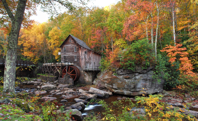 Wooden water mill autumn foliage free wallpaper for desktop - medium preview image
