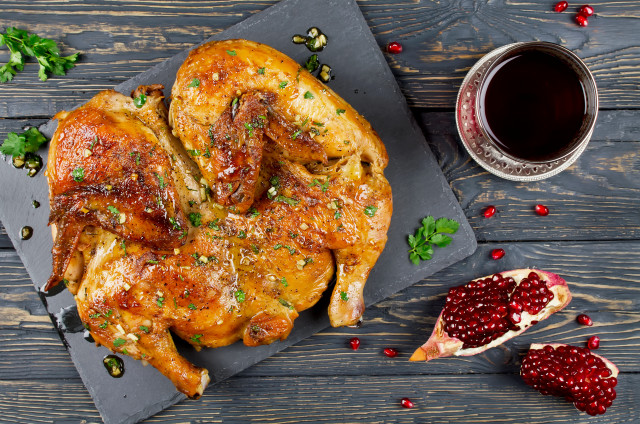 Roasted chicken tea pomegranates slate free wallpaper for desktop - medium preview image