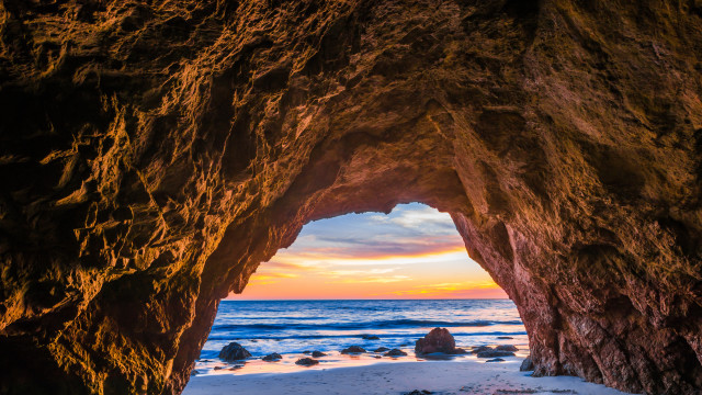 Cave ocean sunset nature landscape free wallpaper for desktop - medium preview image
