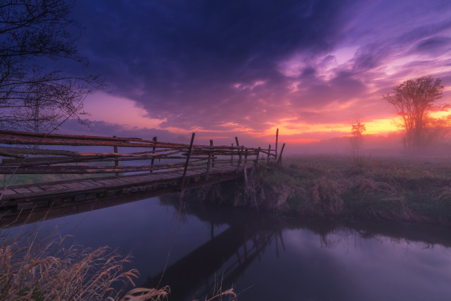 Bridge water sunset mist mystical free wallpaper for desktop - medium preview image