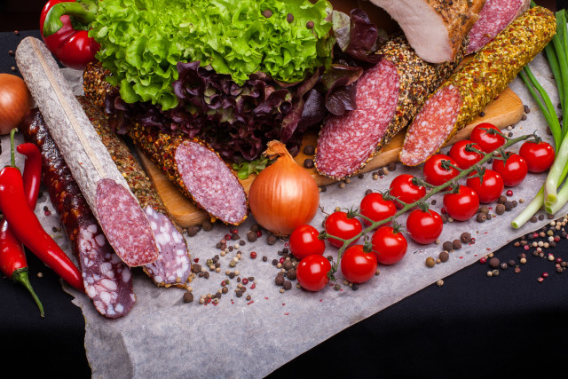 Meat vegetables bread table black free wallpaper for desktop - medium preview image