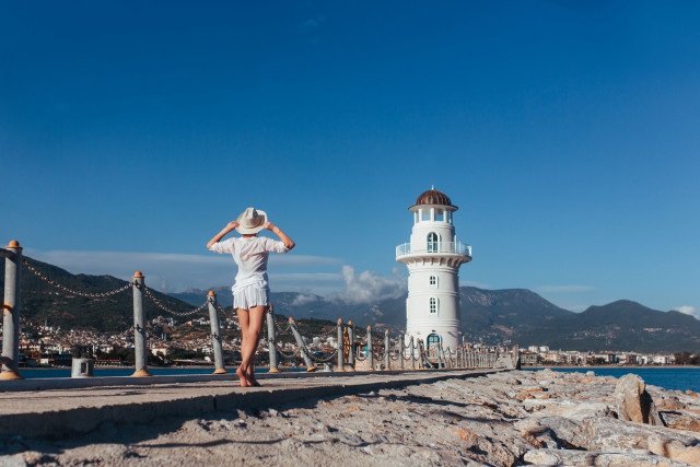 Woman white dress hat pier free wallpaper for desktop - medium preview image