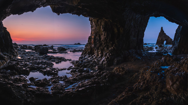 Cave sunset water rocks forest free wallpaper for desktop - medium preview image