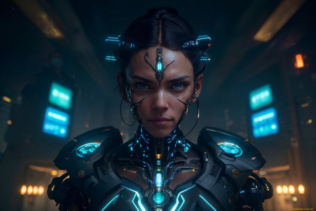 Futuristic woman cyberpunk glowing armor free wallpaper for desktop - medium preview image